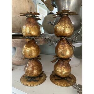 Vintage Gold Leaf Gilded Pear Candle Holders centerpiece set 2 fall decor 11x4”